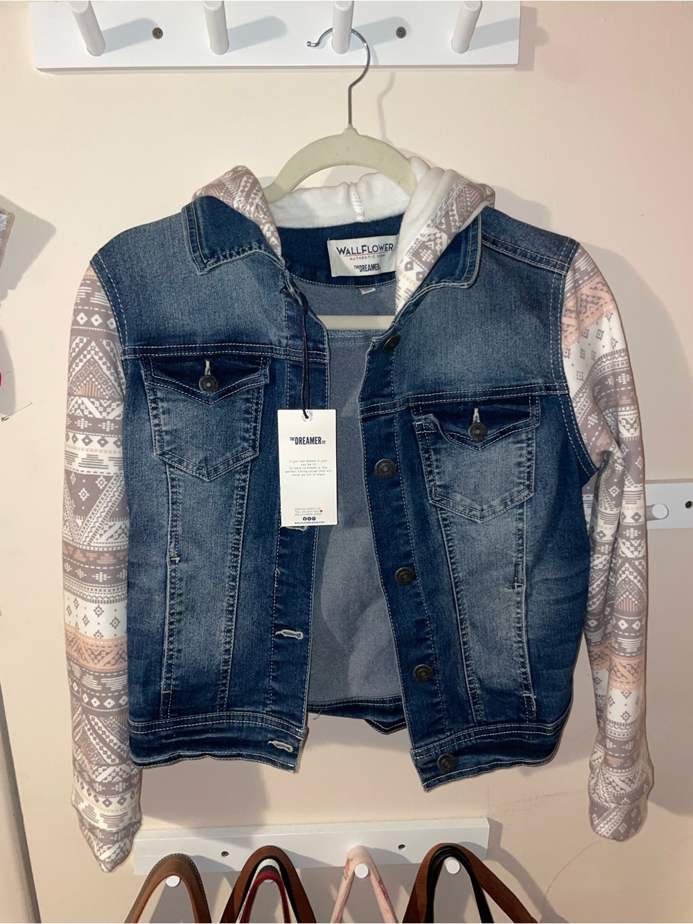 Wallflower Dark Blue Denim Jacket with Cream and Light Pink Patterned Sleeves